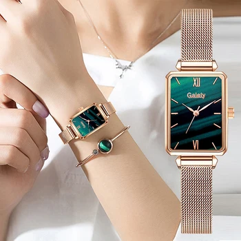 Gaiety Marke Frauen Uhren Fashion Square Damen Quarzuhr Armband Set Grün Dial Einfache Rose Gold Mesh Luxus Frauen Uhren