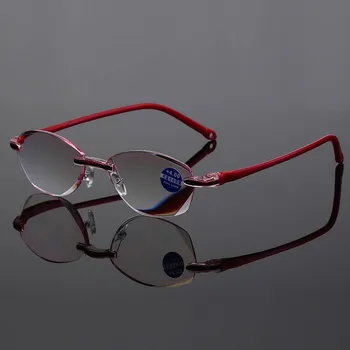 Rimless Anti Blue Ray Naočale Za Čitanje Dama Žene Diamond Brušenje Ovalne Naočale Za Čitanje Presbyopia Crvene Naočale Ženske + 1,5 na + 4,0