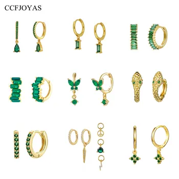CCFJOYAS Zelena boja Cirkon Male Naušnice-Prsten za Žene 925 Sterling Srebra Zelene, Zlatne Naušnice, Prstenje Nakit Novi dolazak 2022