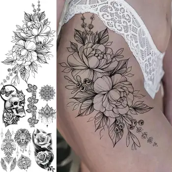 3D Veliki Božur Cvijeta Privremene Tetovaže Za Žene Djevojka Ruka Bedra ruža lubanju Realan Lažne Tetovaže i Body Art Tattoo Papir
