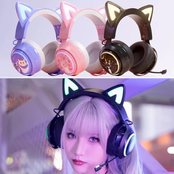 Antifona sa mačka neko Ušima s RGB Led pozadinskim Osvjetljenjem, Fleksibilna Gaming Slušalice sa Mikrofonom, RGB Kacige, Stereo Glazbe Slušalice za PC, Igra, Poklon za Djevojčice