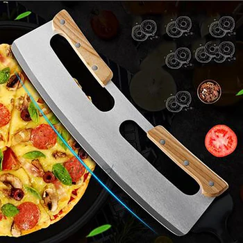 Коромысло za Rezanje pizze od Nehrđajućeg Čelika, s Dvostrukom Drvenom Drškom 14 Inča Modernizirana Oštar Nož za Rezanje Pizze Helikopter s Poklopcem Oštrice