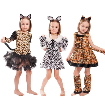 Slatka djevojka crtani životinja cosplay Halloween kostime za karneval neobične djeca tigar tigar, leopard Purim ispis haljina s traka za glavu