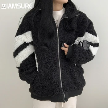 IAMSURE Korejski Stil Kolaž Krzna Kaput Svakodnevne Slobodne Jakne S Dugim Rukavima Ženske 2021 Topla Zima Ulične Mode Uredan