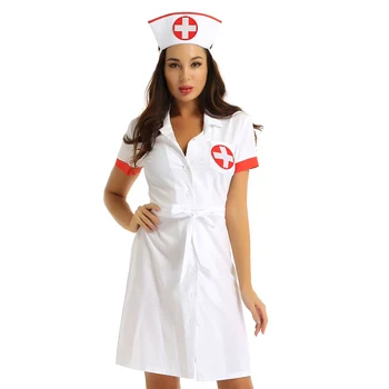 3pcs odraslih žena medicinska sestra maske odijelo cosplay odijelo odijelo gumba za ovratnik s lapels, kratkih rukava dolje jedinstvena haljina s pojasom i šešir